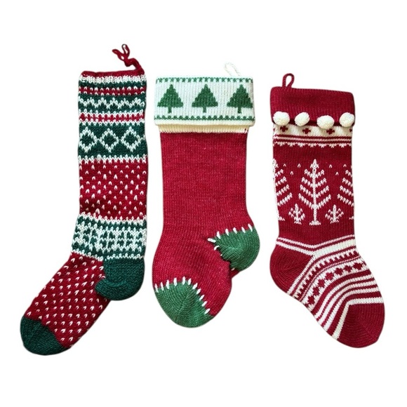 Other - Set 3 WOOL Colorful Christmas Decorating Socks Red Green Fun Whimsical Hook